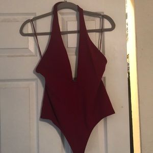Express One-Eleven Burgundy Deep Plunge Bodysuit